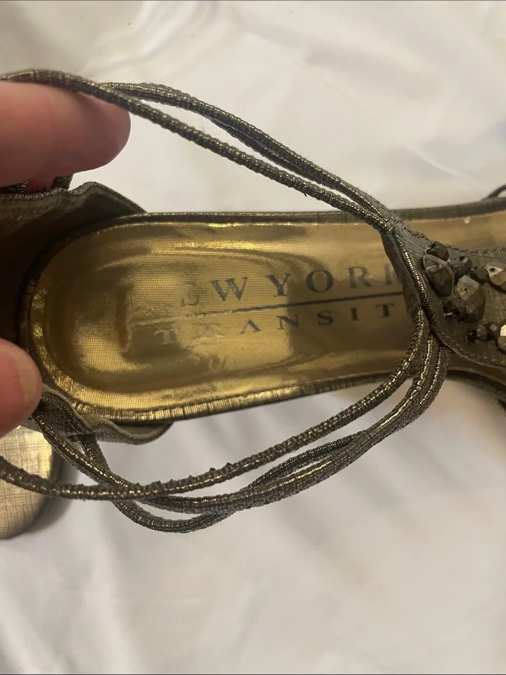 New York Transit Bronze Jeweled Strappy Wedge Sandals